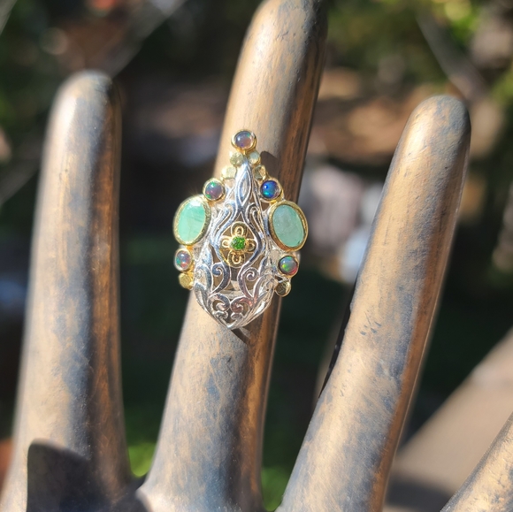 Emerald Opal & Chrome Diopside dome ring sz6 - Picture 6 of 10